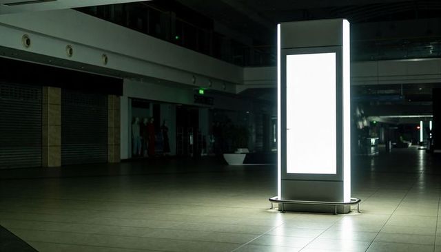 Illuminated digital kiosk standing in empty mall concourse casting reflections with blank display