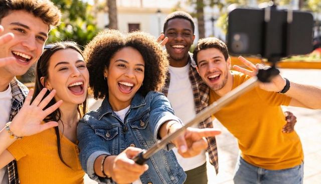 Multiracial friends taking selfie in sunny urban plaza with selfie stick and laughter