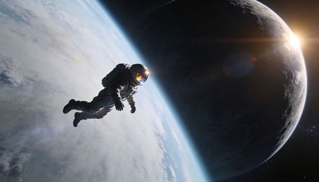 Astronaut floating above planet limb drifting in space with glowing visor and sunflare