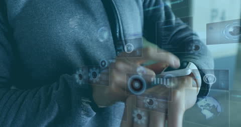 Businessman Checking Smartwatch with Futuristic Holograms