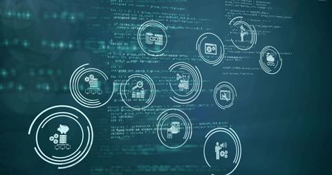 Abstract interface elements overlaying technology dashboard
