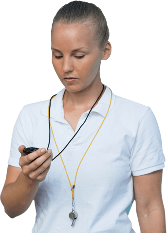 Female sports instructor checking stopwatch on transparent background