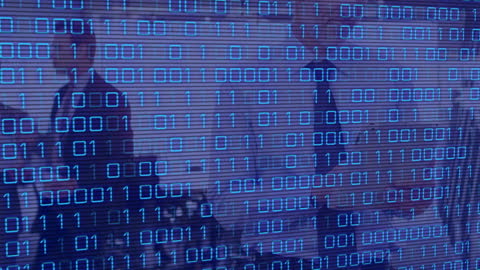 Digital Binary Code Overlay on Blurred Business Meeting