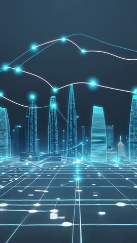 Vertical tech video of neon city network connecting skyscrapers with pulsing data arcs