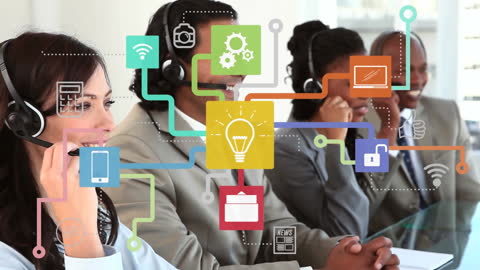 Business Team Engaging in Digital Communication with Headsets and Interface