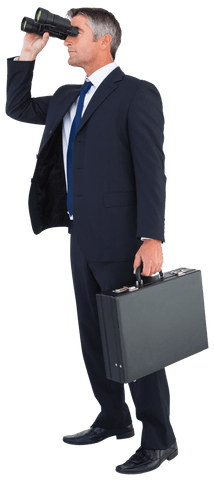 Businessman with Briefcase Using Binoculars, Transparent Background