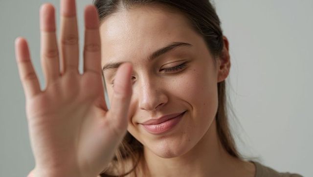 Serene young woman smiling with eyes closed while raising hand