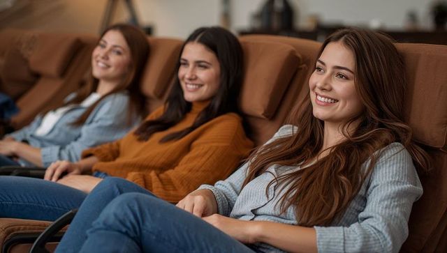 Three women reclining in spa chairs smiling and relaxing in cozy salon wellness lounge