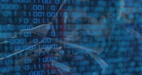 Female Analyst Typing on Laptop with Binary Code Overlay for Cybersecurity Concept