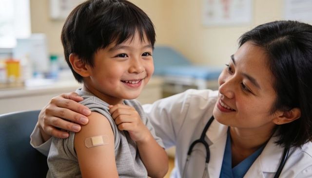 Smiling pediatric clinician comforting child after vaccination with adhesive bandage on arm