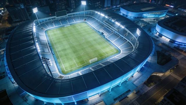 Aerial night view showing floodlights illuminating modern soccer stadium with blue lighting