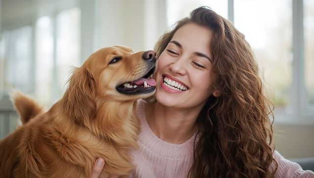 Young woman laughing and cuddling golden retriever on couch in sunlit cozy living room