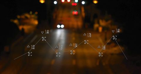 Digital HUD Interface Over City at Night with Analytics Overlay
