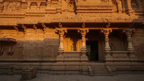 Exquisite Ancient Temple Facade Glowing in Sunrise