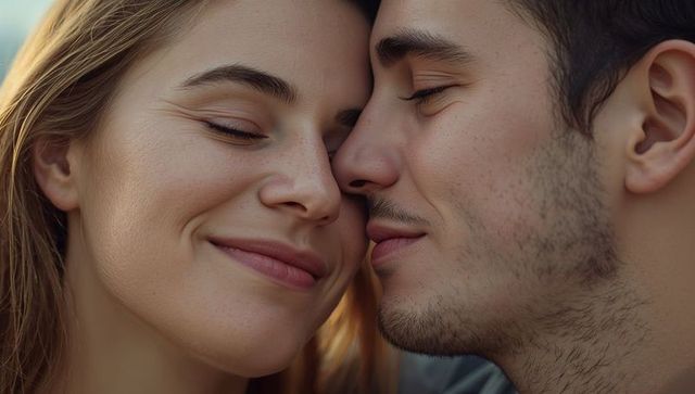 Romantic couple leaning faces together smiling with closed eyes at golden hour