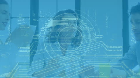 Digital Collaboration with Futuristic Data Interface Overlay