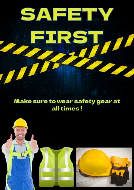 Composition of safety first text over tapes and protection clothing in background. Health and safety, welfare and protection concept digitally generated image.