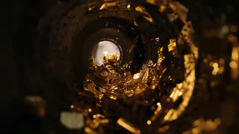 Camera moving through metal tunnel with gold flakes drifting toward bright backlight