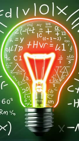 Pulsing Neon Lightbulb with Growing Red Filament and Chalkboard Formulas for Innovation