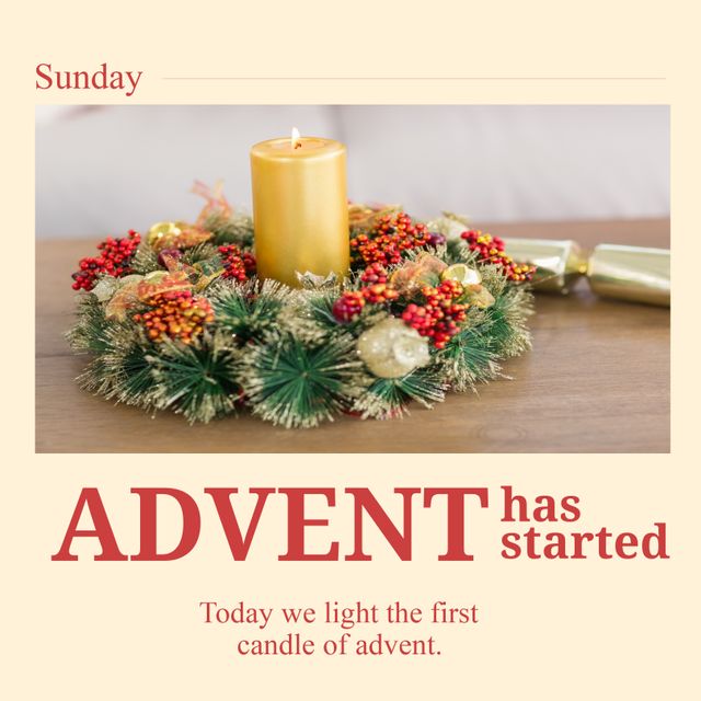 Composition of advent has started text with candle and decorations on beige background. Advent tradition and celebration concept digitally generated image.
