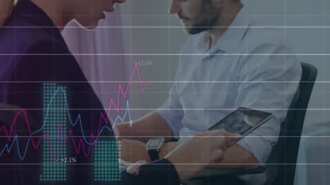 Business Professionals Analyzing Data on Tablet Technology Overlay