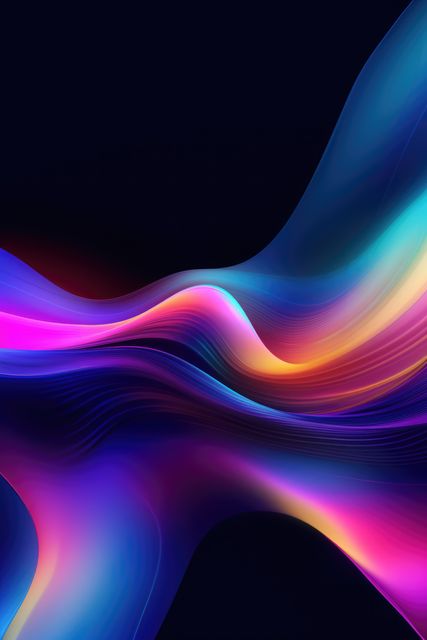 Abstract colorful fluid waves create a vibrant and dynamic design on a dark background, offering a lively and modern aesthetic. Perfect for use in digital artwork, backgrounds for electronic music, technology presentations, creative marketing materials, and contemporary design projects.