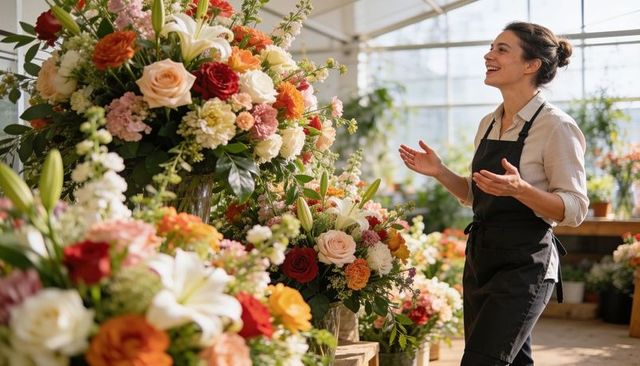 Smiling florist gesturing among lush rose and lily bouquets in sunlit greenhouse workshop