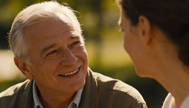 Senior man smiling and chatting with woman in sunlit park, candid companionship portrait