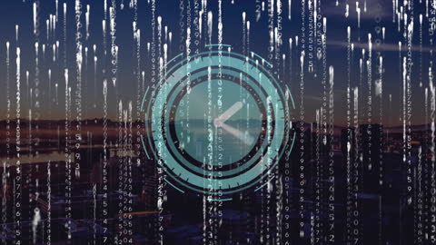 Digital Clock Overlay on Cityscape Representing Global Connectivity