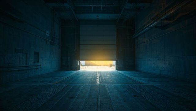 Golden sunlight pouring through hangar door