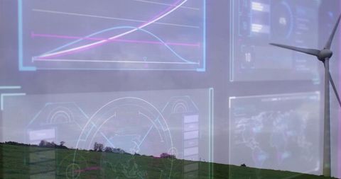 Wind turbine in rural landscape with futuristic graphs and analytics