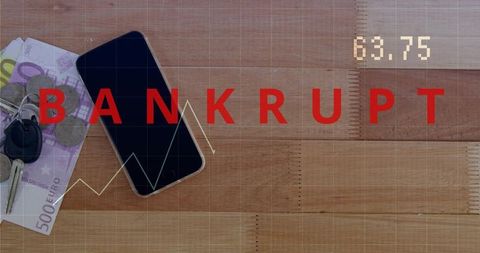Bankrupt overlay with smartphone, 500 euro and car keys on wooden table debt concept