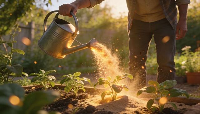 Golden-hour watering of young vegetable seedlings with metal can in backyard garden