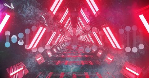 Futuristic neon lit corridor with geometric reflections