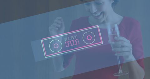 Neon retro party vibes with joyful woman and play sign