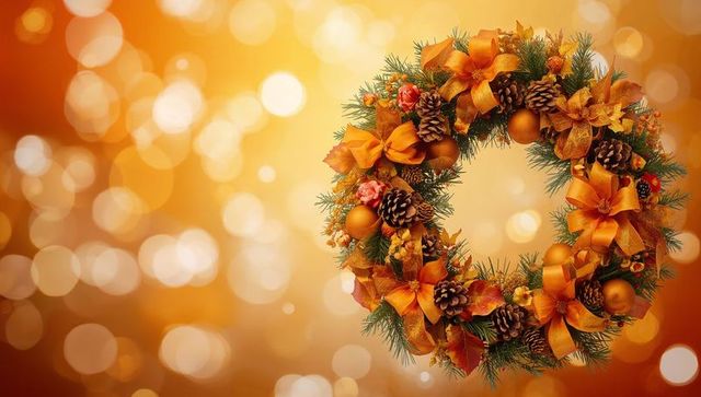Golden autumn holiday wreath with pinecones, ribbon bows and bokeh lights