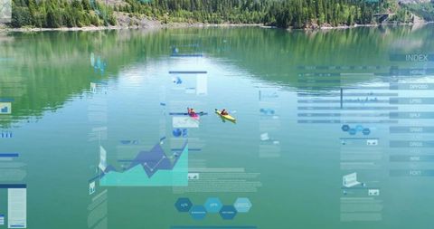 Two kayakers paddling emerald lake with futuristic data overlays and augmented visuals