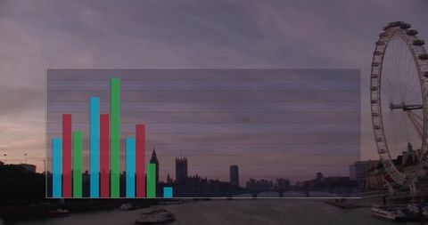 Translucent colorful bar chart overlaying riverside dusk skyline with ferris wheel landmark