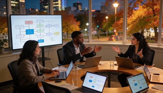 Executives debating strategy at roundtable with laptops and workflow screen at dusk
