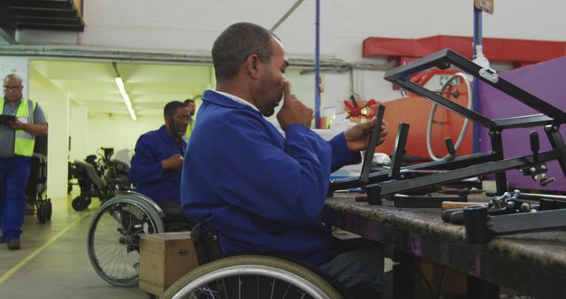 Man in Wheelchair Assembling Equipment in Inclusive Factory - Download Free Stock Images Pikwizard.com