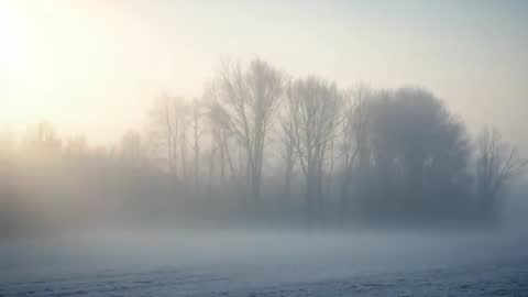 Sun rising lifting ground fog across frost-covered field revealing leafless trees at dawn