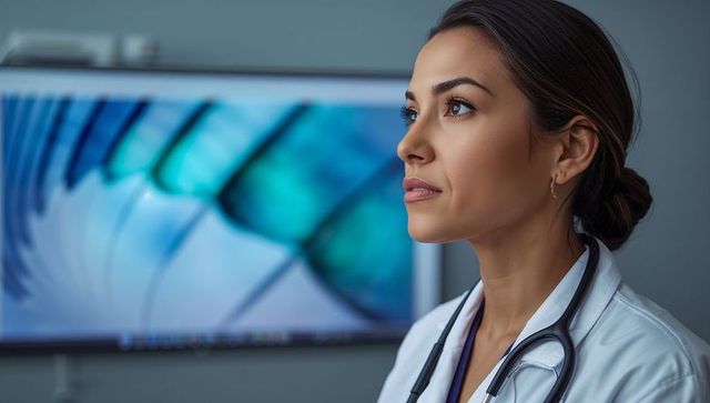 Female doctor holding stethoscope gazing confidently in modern clinic with blue monitor