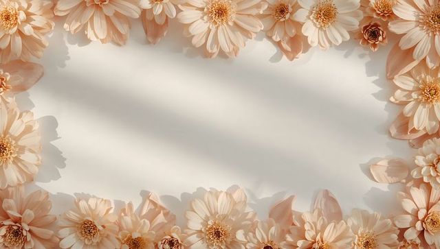 Peach daisy border framing soft-light negative space on textured paper for design