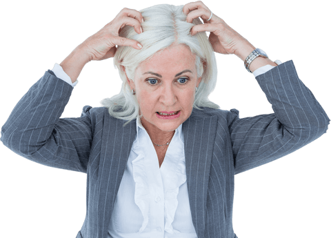 Stressed businesswoman with gray hair on transparent background