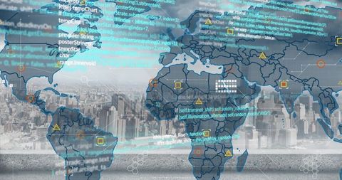 Global cyber network overlay on urban skyline with code streams and data nodes