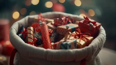 Festive Holiday Evening with Colorful Gift Boxes in Sack