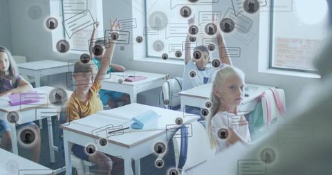 Elementary students raising hands in classroom with augmented reality learning overlays
