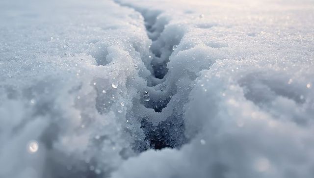 Close-up of melting snow crevice with sparkling water droplets and icy crystals