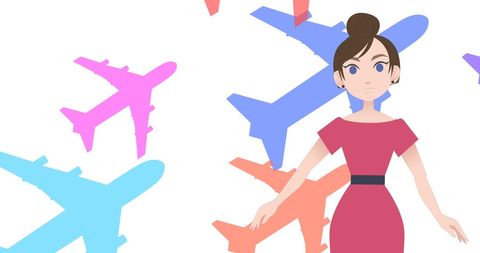 Animated woman with airplane icons for mentoring and celebration concept