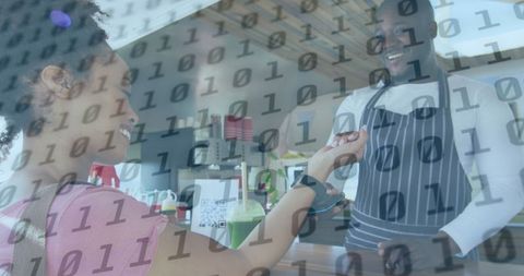 Smiling vendor serving customer with digital binary overlay